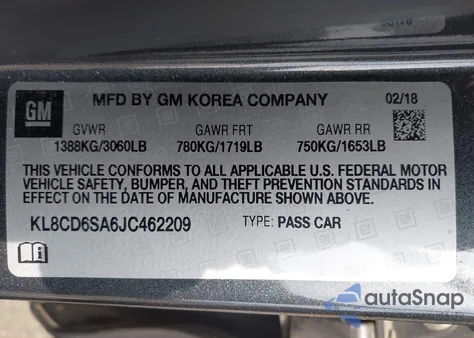 2018 Chevrolet Spark 1Lt Cvt из США, поврежденный, VIN KL8CD6SA6JC462209